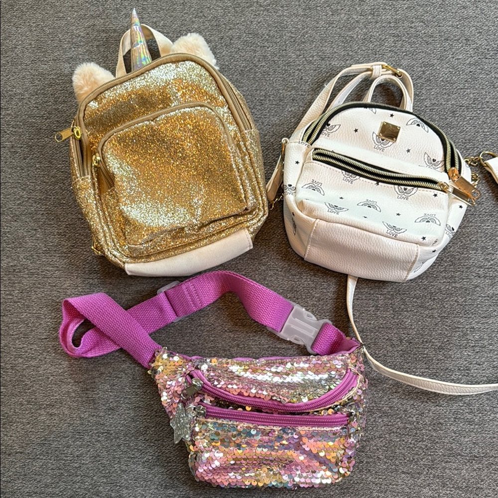 Lot of little girls bags backpacks sparkle fanny pack unicorn